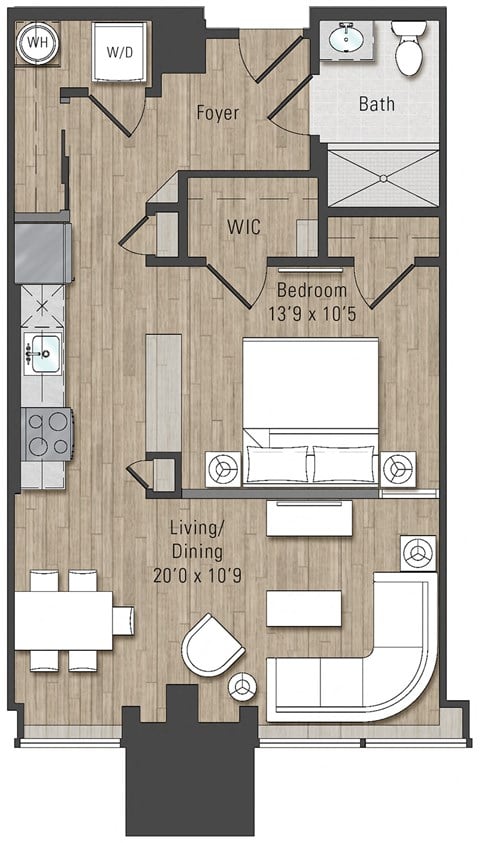 Floor plan for 1 bed, 1 bath, 700 sqft